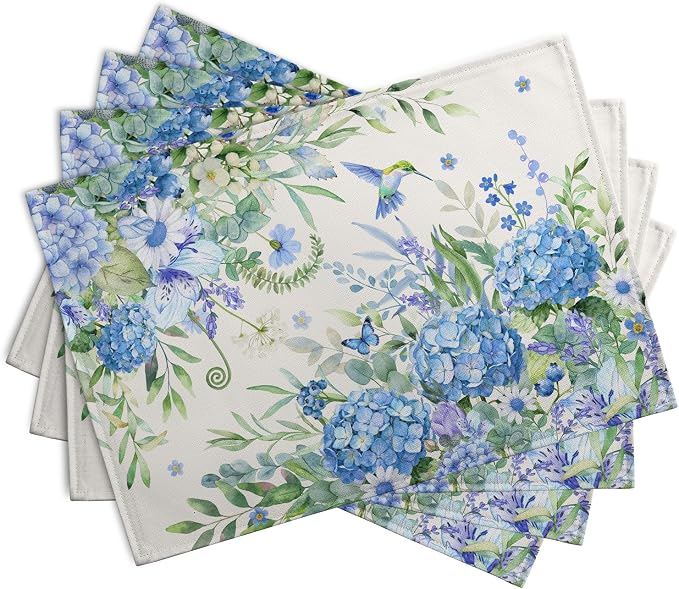 Blue Hydrangea Placemats Set of 4 Spring Summer Floral Green Leaf Bird Table - Image 2