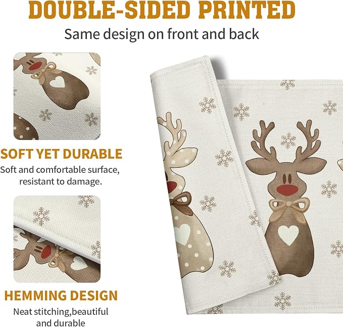 Christmas Reindeer Snowflakes Placemats Set of 4 Xmas Cute Elk Deer Place Mats - Image 5