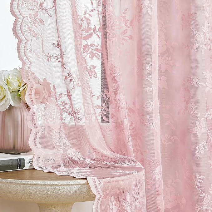 Light Pink Lace Curtains 63 Inch Length 2 Panels set Romantic Flower Sheer by SEEKRIGHTHomeDecor