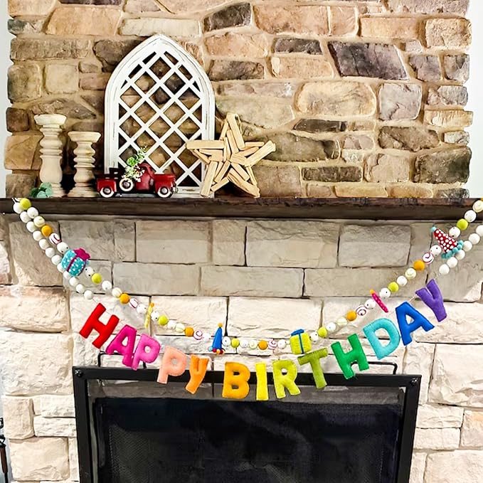 Pre-Strung Happy Birthday Banner, Felt Ball Garland HAPPY BIRTHDAY Garland | 3D - Image 2