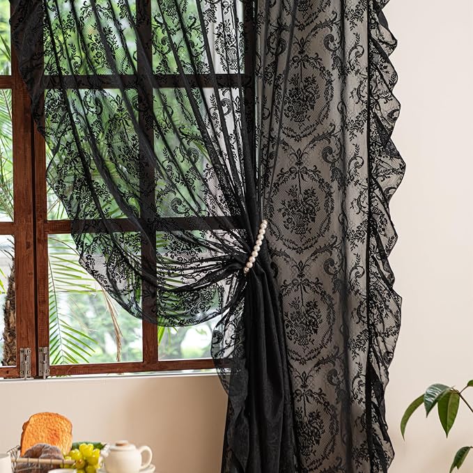 Deeprove Black Lace Curtains 63 Inch Length Set of 2 Panels Pair by Deeprove