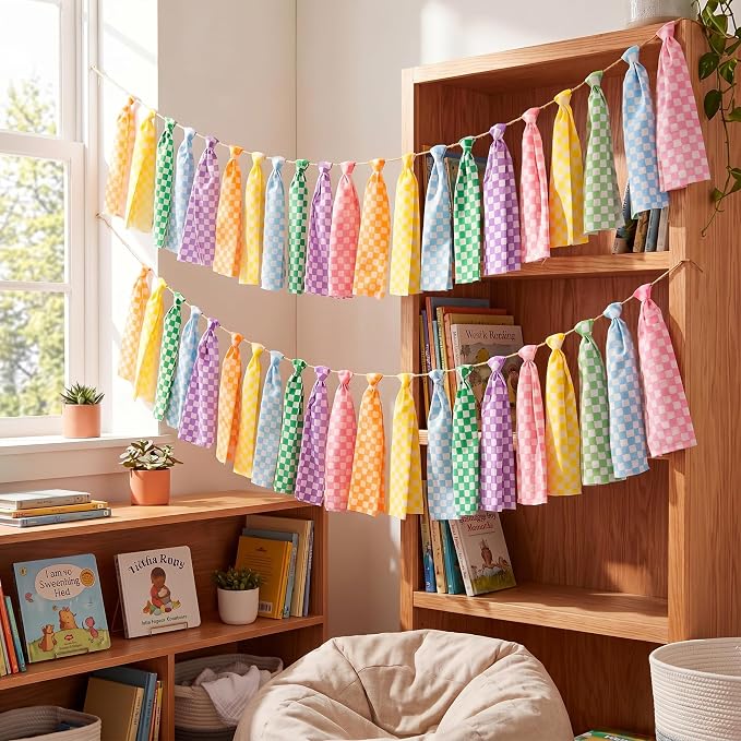 Fanfanwin 2 Pcs 6.7 ft Rainbow Checkerboard Tassel Garland, Colorful Fabric - Image 6