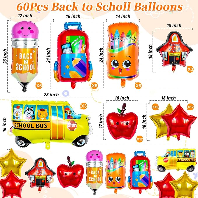 60 Pcs Back to School Balloons, Colorful Bus School Pencil Apple Crayon Foil - Image 7