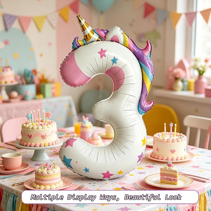 Unicorn Theme Number 3 Balloon, 40 Inch Foil Number Balloon - Image 6