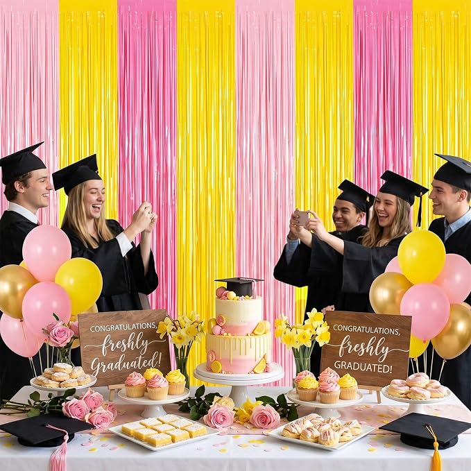 Frienda 4pcs Pink and Yellow Party Decorations 6.6ft Fringe Curtains Party - Image 3