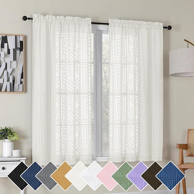 Simplebrand Ivory Semi Sheer Curtains 54 Inch Length 2 Panels, Geometric by Simplebrand