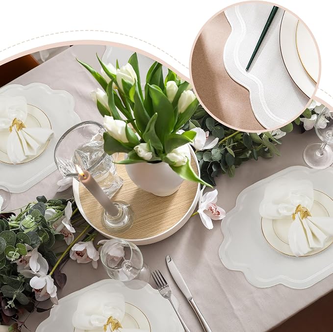 8 Pcs White Cotton Wedding Placemats Scalloped Embroidered Placemats 17" x 13" - Image 6