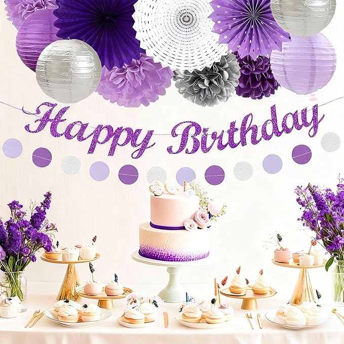 Purple and Silver Party Decorations-21PCS Happy Banner,Paper Lanterns Streamers,Tissue Pom Poms Honeycomb Flower Fan, Baby Bridal Shower Wedding Retirement Bachelorette Hanging Supplies Decor