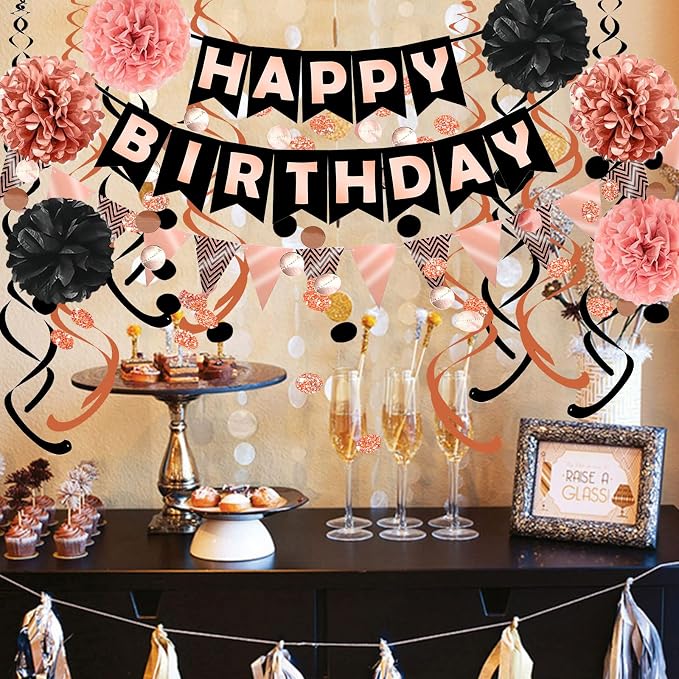 FECEDY Rose Gold Black Theme Happy Birthday Banner Flag Bunting Paper Circle - Image 5