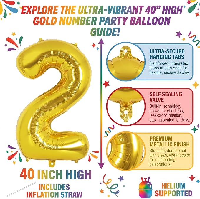 40 Inch Gold Number 2 Foil Balloon - Image 2