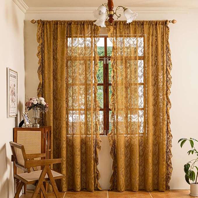 Deeprove Gold Lace Curtains 63 inches Length 2 Panels Set Sheer Boho Golden - Image 7