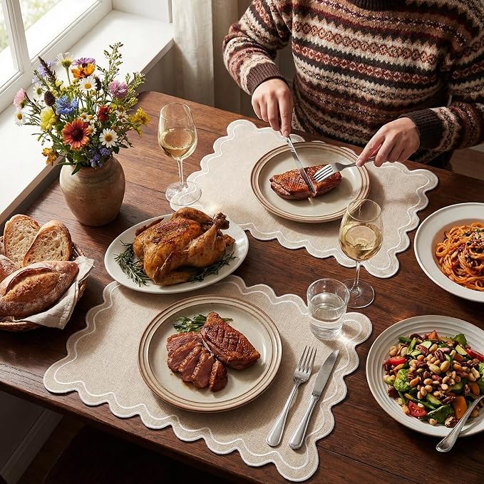 Linen Placemats Set of 12 Scalloped Placemat 13 X19 Wavy Embroidery Double - Image 6