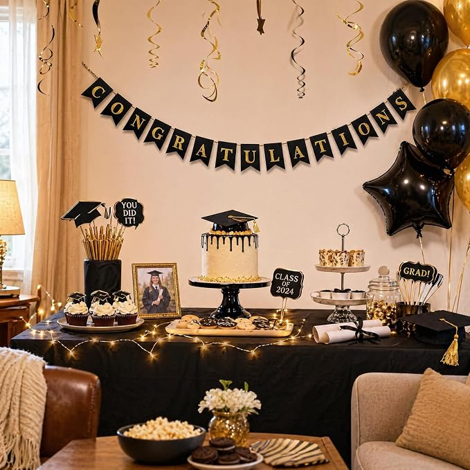 Decor365 Gold Black Congratulations Banner Pre Strung Sign Pennant Flag Garland - Image 3