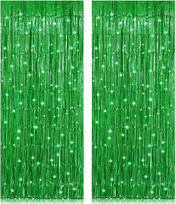 2 Pack 3.2ft x 8.2ft Green Foil Fringe Curtain, Metallic Tinsel Foil Fringe by welcomePIGETALE