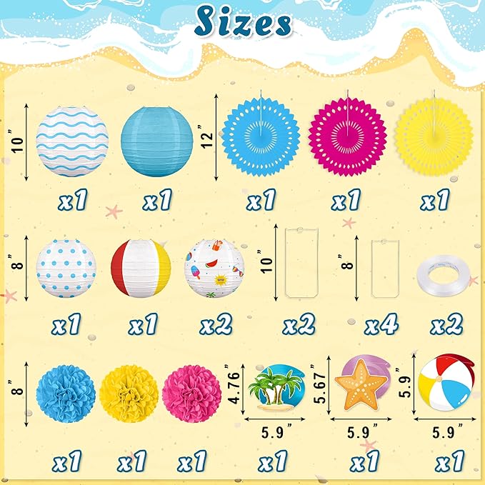Renbuzhu 15Pcs Beach Party Decorations Paper Lanterns Fans Pom Poms Hanging - Image 3