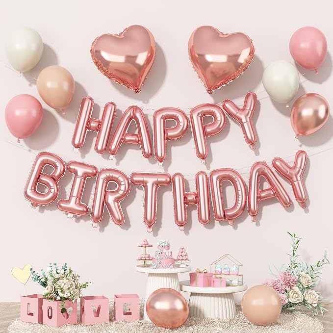 Happy Birthday Balloon Banner Rose Gold, 16 Inch Mylar Letters Rose Gold Heart by Togvu