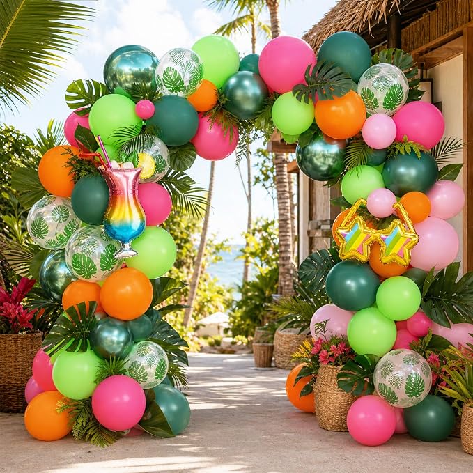 Tropical Balloons, 12 Inch Green Pink Orange Hot Pink Metallic Green Balloons - Image 5