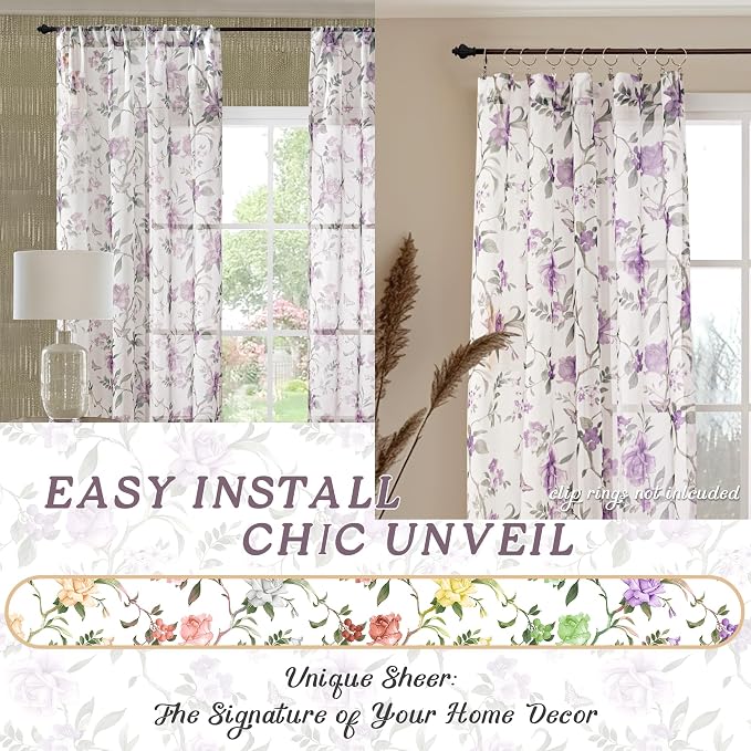 Floral Sheer Curtains 72 Inch Length 2 Panels, Farmhouse Light Filtering - Image 7