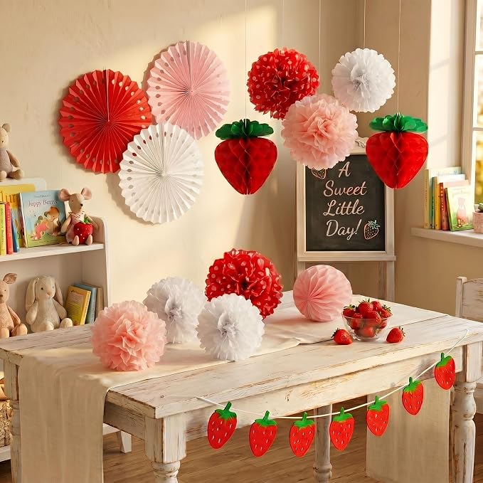 ANSOMO Strawberry Party Decorations Red Pink White Tissue Pom Poms Fans - Image 2