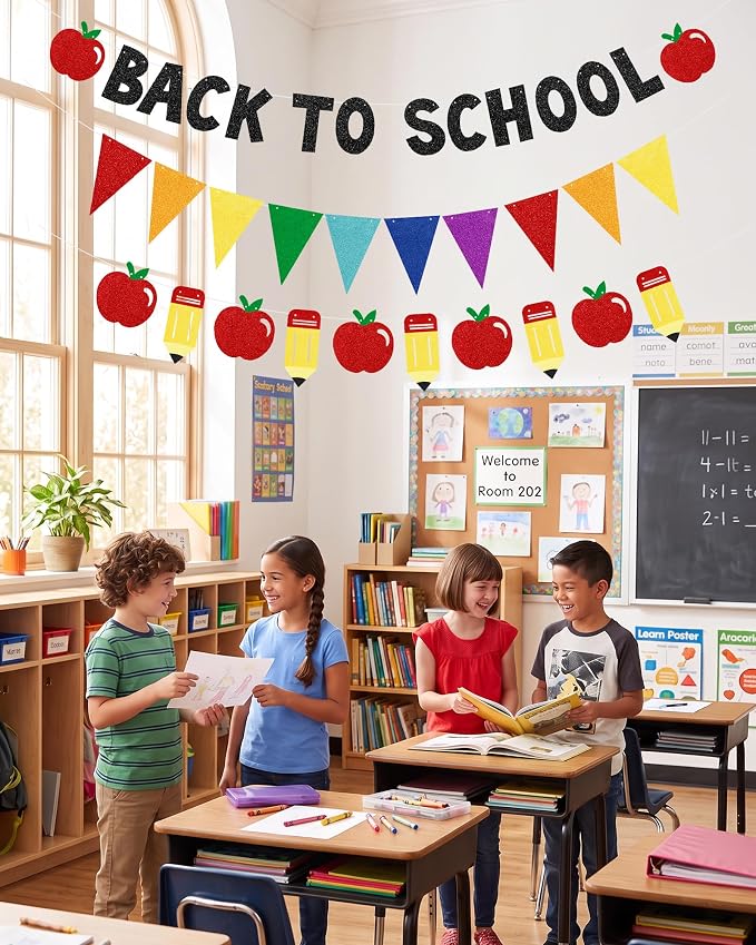 Back to School Party Decorations – Black Glitter Banner, Colorful Triangle - Image 3