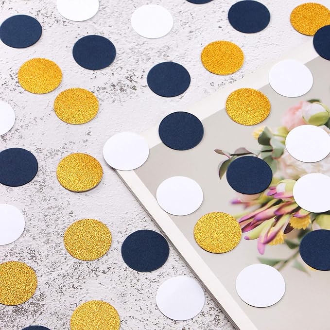 Navy Blue White Gold Confetti Birthday Decorations for Boys Glitter Paper decor Sprinkles Biodegradable Table Confetti Round for Graduation Wedding Baby Shower Party Lasting Surprise 300pcs