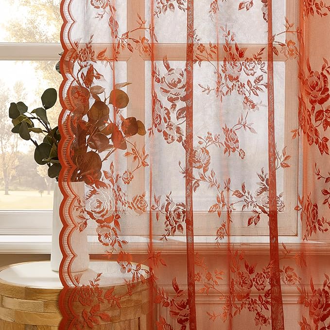 Burnt Orange Lace Curtains Country Rustic Floral Curtain - Image 6