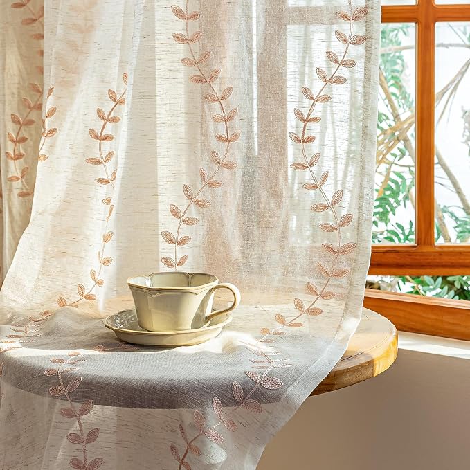 2 Panels Linen Leaf String Floral Embroidered Semi Sheer Curtain Farmhouse by AmHootextile