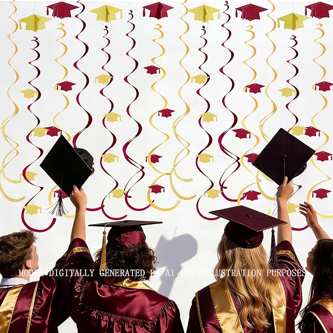 24Pcs Maroon Gold Graduation Grad Cap Hanging Felt Swirl Streamer Spiral - Image 5