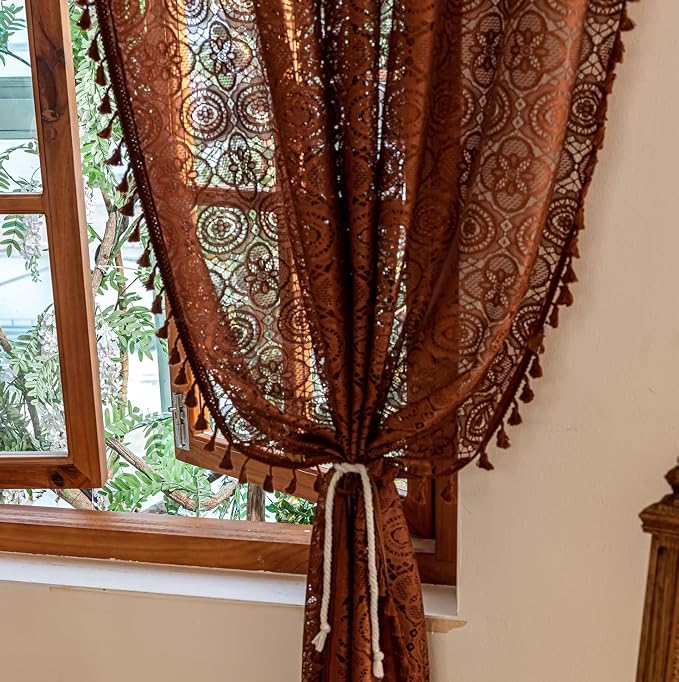 YJ YANJUN Boho Lace Curtains, 59x54 inch, Camrel Brown Sheer Window Panels | - Image 2
