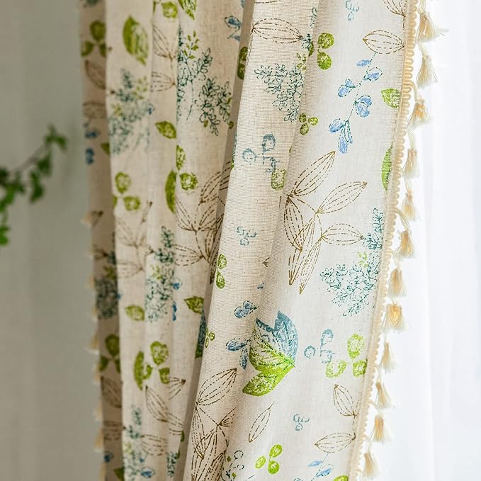 ENJOYBRIDAL Leaf Curtains 63 Inch Length 2 Panels Tassel Boho Semi Sheer Drapes by ENJOYBRIDAL