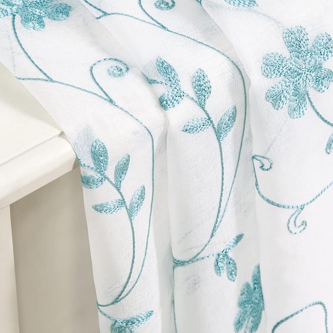 HOMEIDEAS White and Blue Embroidered Floral Sheer Curtains 96 Inches Long 2 - Image 7