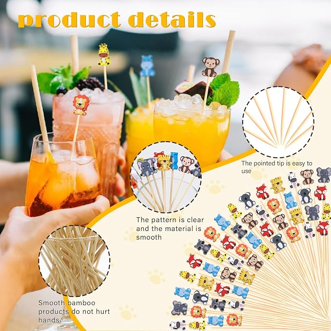 100Pcs Safari Animal Cocktail Picks Young Wild And One Two Three Decor | 5" - Image 3