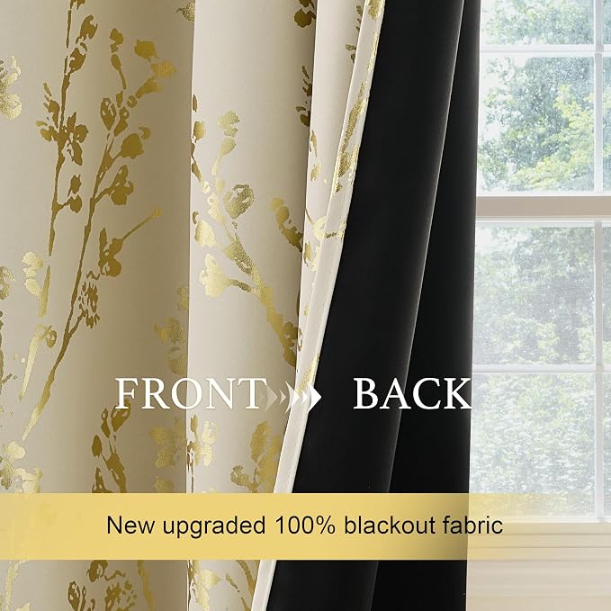 NICETOWN 100% Blackout Floral Beige Curtains - Image 5