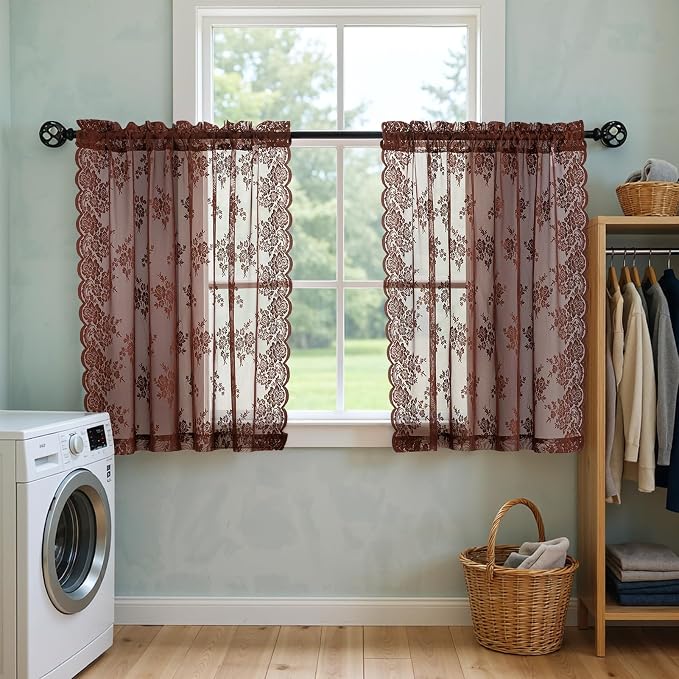 Kotile Warm Brown Sheer Kitchen Curtains Rustic Floral W42xL45 in, 2 Panels | - Image 7