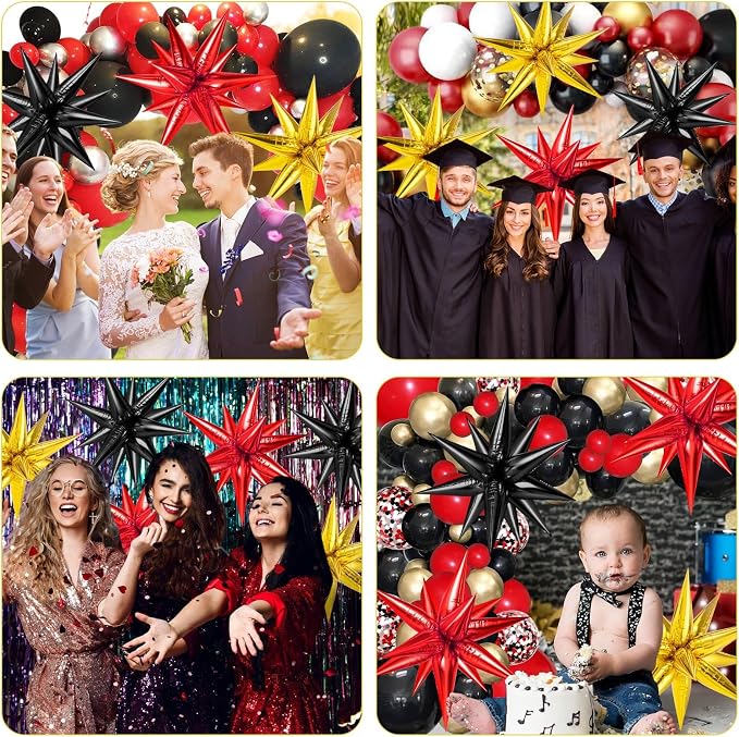 Red Black and Gold Star Balloons, 12 Point Spike Foil Cone Balloon - Image 7