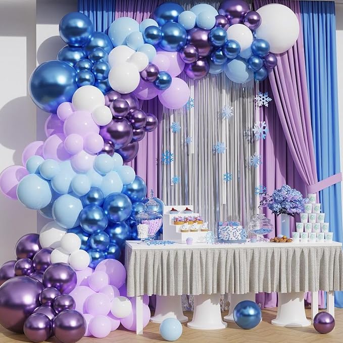 Blue Purple Snowflake Balloons, Pearl Light Blue Purple Metallic Clear Latex - Image 6