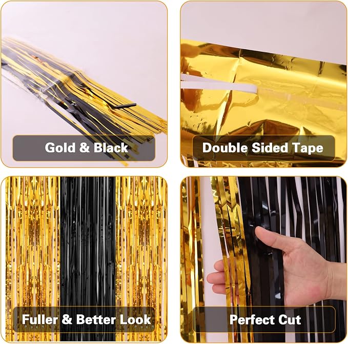 PIGETALE, 2 Pack 3.2x8.2 Feet Black and Gold Tinsel Backdrop Party Decorations - Image 5