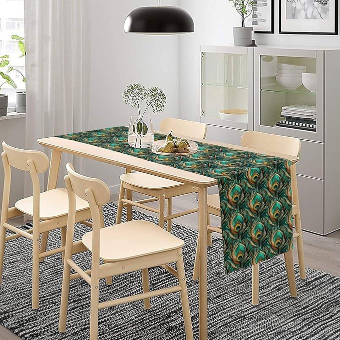 Peacock Feather Table Runner,Retro Aesthetic Green Table Runner for Home Kitchen Dining Party Indoor Outdoor Decoration 13x60 Inch