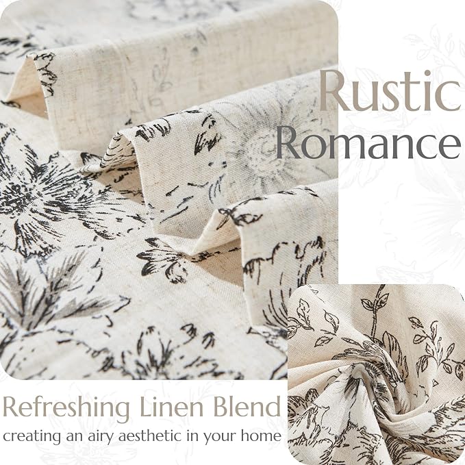 jinchan Black Floral Linen Curtains 96 Inch Farmhouse Back Tab 2 Panels | Light - Image 5