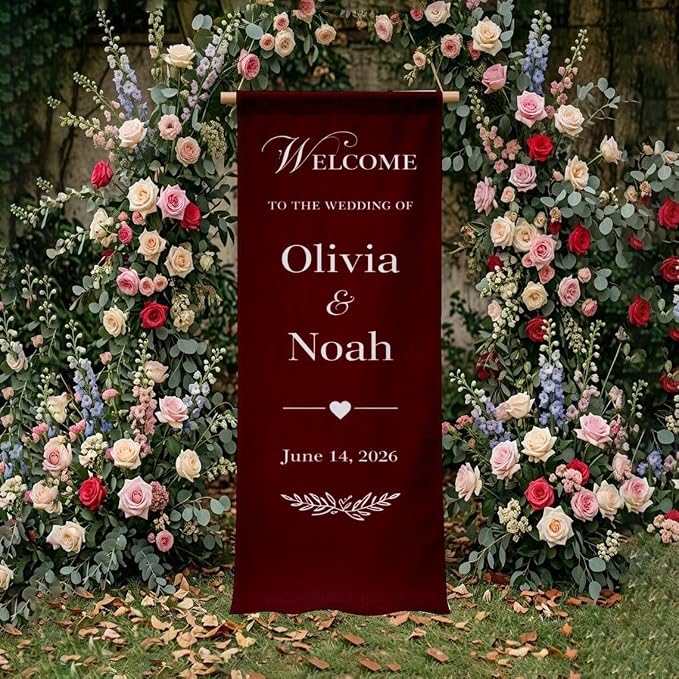 Personalized Wedding Welcome Banner Linen – Custom Names & Date, Elegant Fabric - Image 2