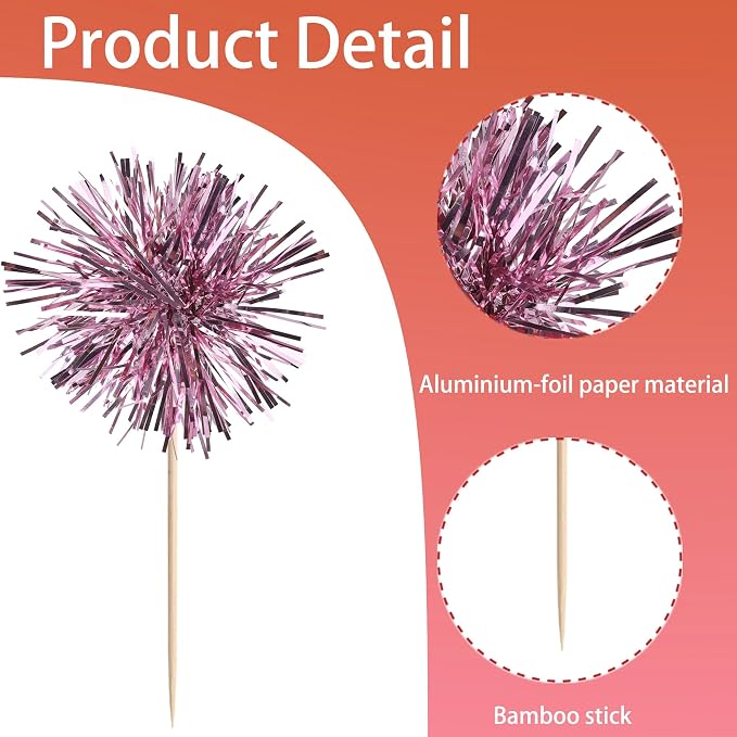40 PCS Foil Firework Cupcake Toppers Sparkle Tinsel Cupcakae Picks Sparkler - Image 3