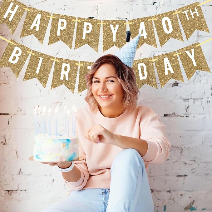 Netnology Pre-Strung Gold Glitter 40th Happy Birthday Banner Decorations | 12 - Image 4