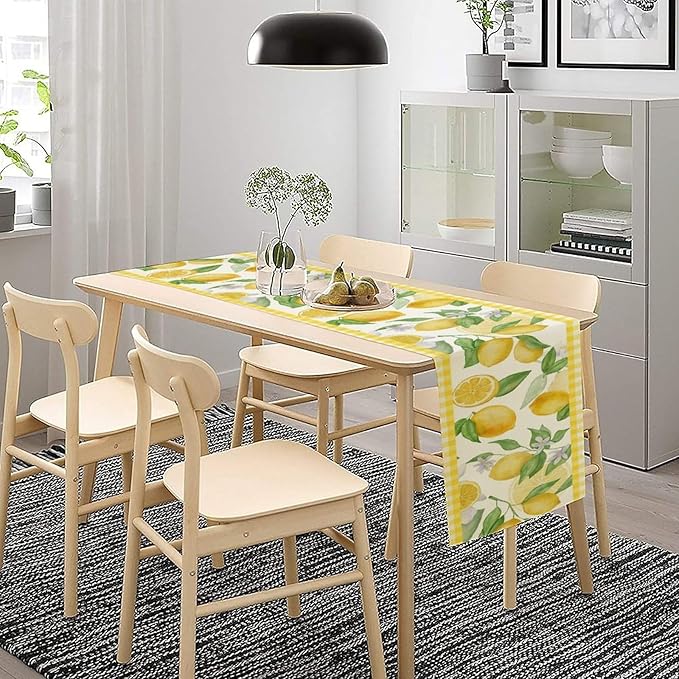 Lemon Table Runner,Yellow White Buffalo Plaid Summer Table Runner for Kitchen Dining Table Home Party Decoration 13x108 Inch