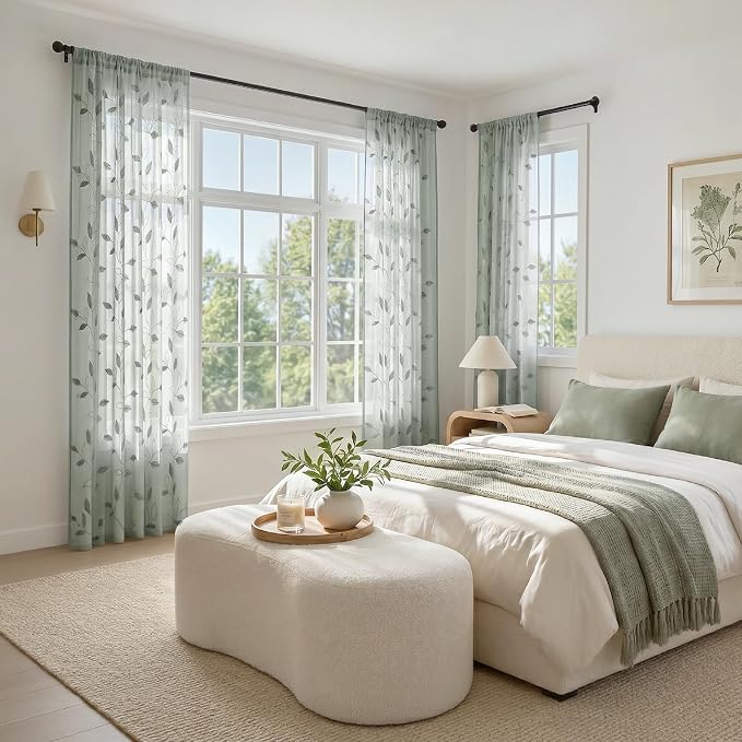 HOMEIDEAS Sage Green Sheer Curtains 52 X 96 Inches Long 2 Panels Embroidered - Image 3