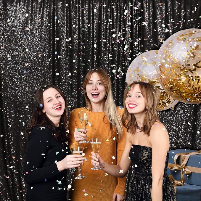 PartyDelight Black Sequin Backdrop 6x6ft Sparkly Photo Curtain | 4 Inch Rod - Image 7