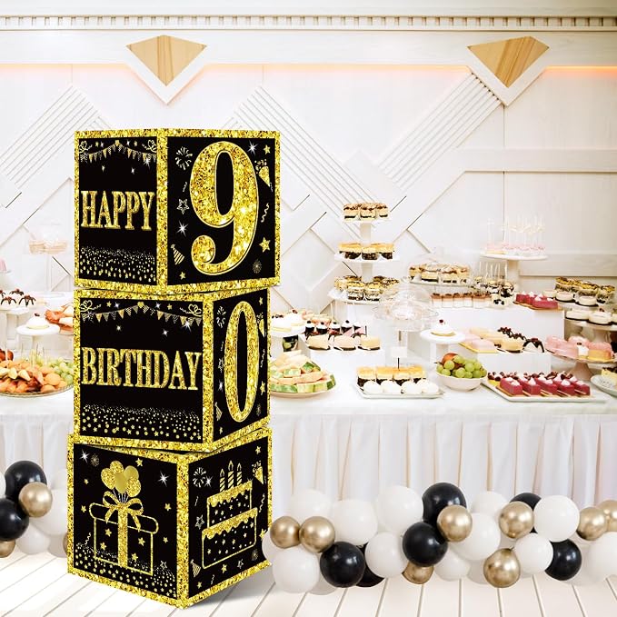 Eiurteao 3pcs Black Gold 90th Birthday Decorations Boxes - Image 4