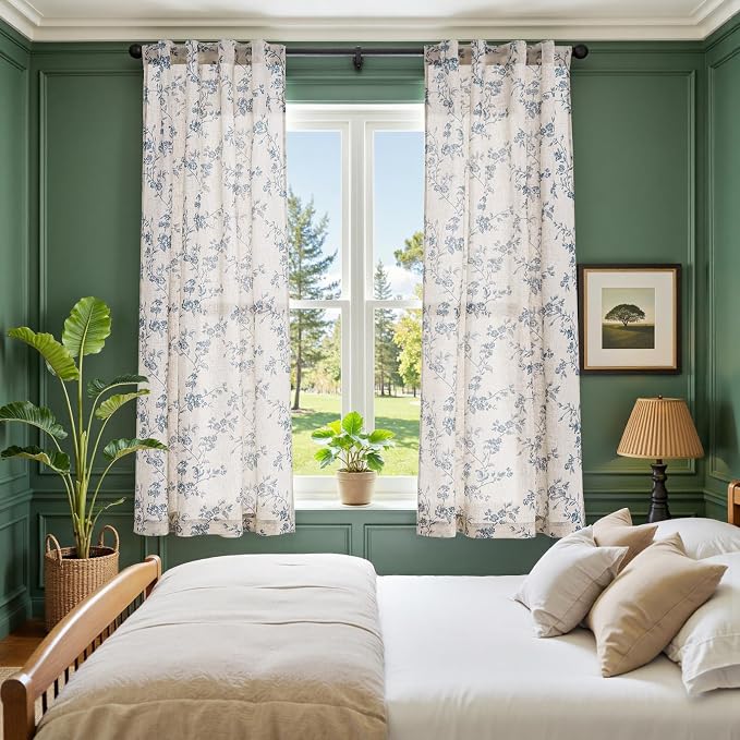 jinchan Blue Floral Linen Curtains 63 Inch Country Drapes Back Tab 2 Panels | - Image 4