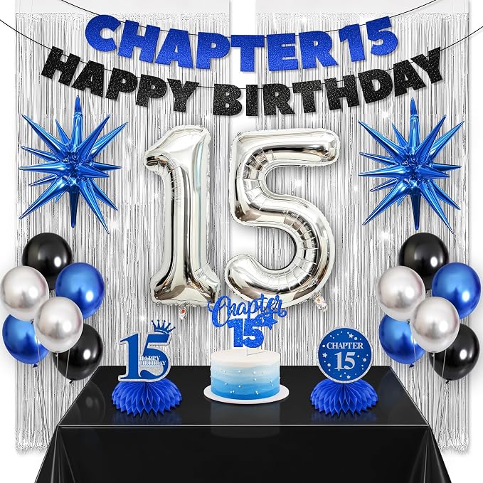 15th Birthday Decorations for Boys and Girls, Fringe Curtains, Tablecloth and by Vicycaty