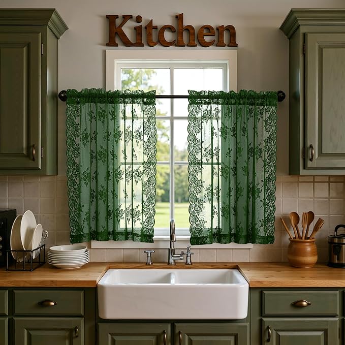 Emerald Green Lace Curtains for Kitchen Windows W42 x L36 Inch, 2 Panels | Rod by Kotile+Curtains