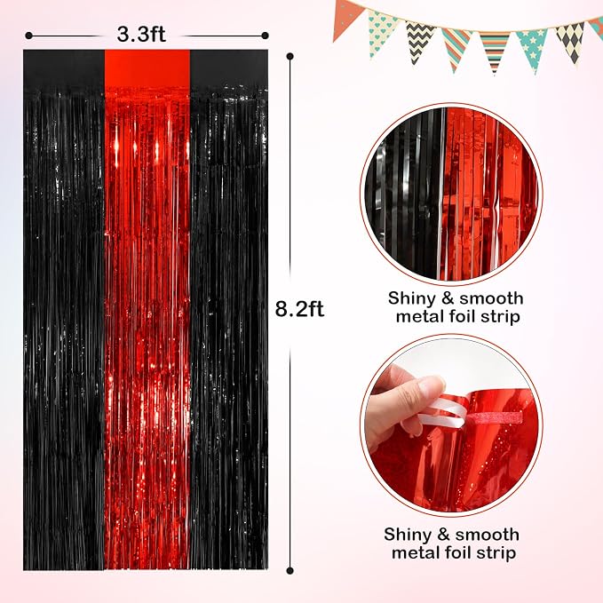 Black Red Tinsel Foil Fringe Curtains, 2 Pack 3.3x8.3 Feet Party Streamer - Image 2